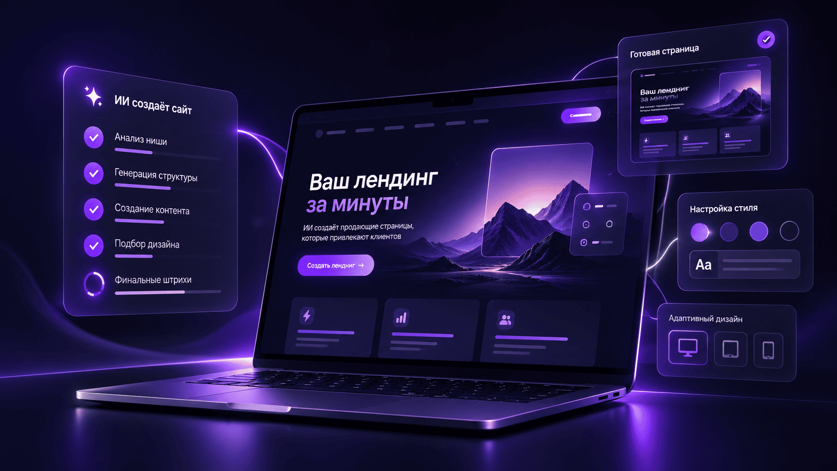 Концепт сервиса создания лендингов на ноутбуке с плавающими UI-виджетами.